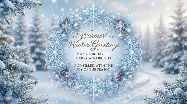 Winter holiday greeting card background with snowflake wreath and snow covered pine forest