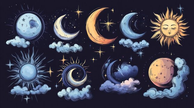 Set of celestial mystic esoteric magic elements sun moon and clouds Different stages of moon, zodiac Signs. Alchemy tattoo object logo template. Vector