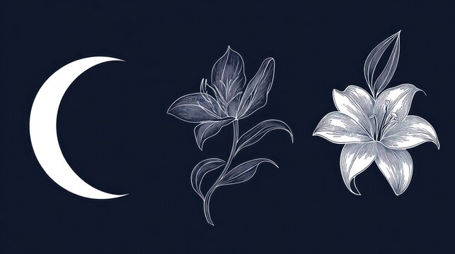 Set of Crescent moon of orchid and Lily flowers in trendy linear minimal style floral outline emblems