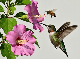 Fototapeta premium Hummingbird sips nectar from pink hibiscus flower. Tiny bee hovers nearby ready to feed from blossom. Wildlife scene on bright white background.