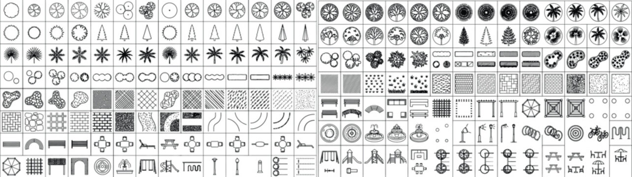 Architectural CAD symbol library vector. Site plan, floor plan, landscape, doors, windows, stairs, vehicles, hatch patterns and drafting blocks