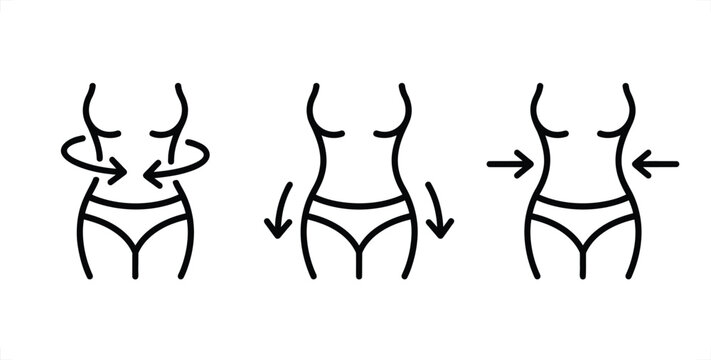 Body slimming process shown with arrows indicating weight loss and waist reduction in a clean vector style