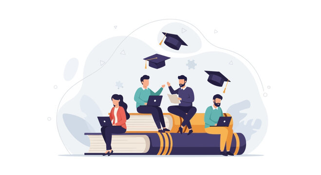 Diverse students learning on laptops surrounded by graduation caps and giant books, symbolizing online education and academic achievement.