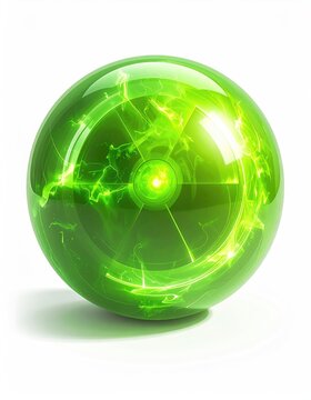 Glowing green orb with internal radioactive symbol and energy arcs