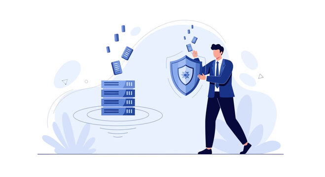 Cybersecurity Concept: Man Protecting Data Servers with Shield from Viruses