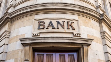 Obraz premium Classic Stone Bank Building Facade with Vintage Sign Above Entrance