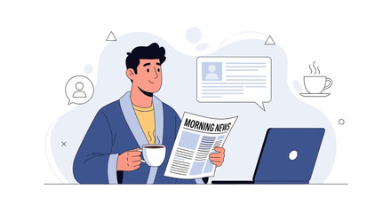Fototapeta premium Man in Robe Reads Morning News with Coffee and Laptop - Relaxed Start to the Day