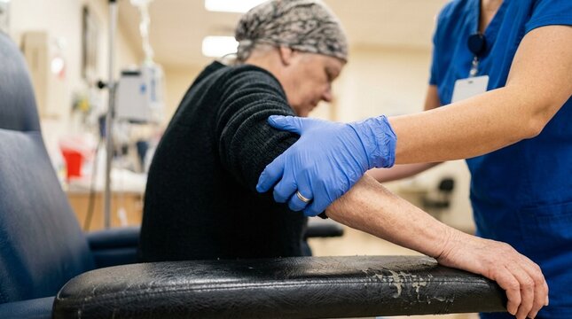 Chemotherapy nurse double-checking a patient's balance before a bathroom trip.
