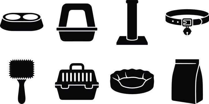 Black silhouette pet care icon set with food bowl, carrier, bed, and accessories