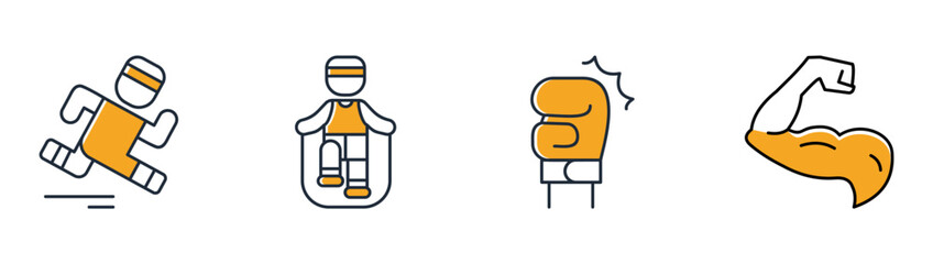 Sport exercise icon set collection featuring running cardio, rope skipping, boxing, flexing muscles, fitness, training, active lifestyle vector illustration © Dhani