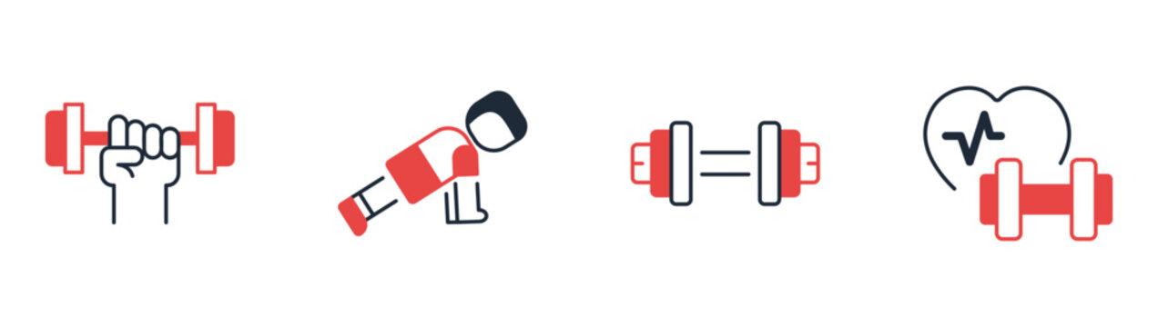 Strength training icon set collection featuring dumbbell workout, push up exercise, barbell heartbeat, gym fitness, muscle building vector illustration