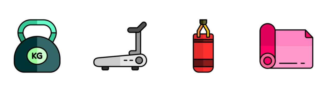 Cardio fitness equipment icon set collection featuring kettlebell, treadmill, punching bag, yoga mat, gym workout, training vector illustration
