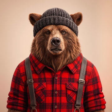 Brown bear dressed as a lumberjack wearing red plaid shirt, suspenders and knit beanie on beige background. Forestry, outdoors, rustic fashion, animal portrait and humor concept