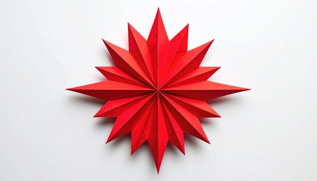 A vibrant red folded paper starburst on a white backdrop