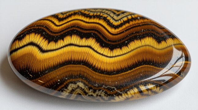 Polished tiger eye gemstone with golden, brown wavy patterns on white background. Macro view of shiny mineral crystal surface showing striped texture. Natural jewelry stone with silk reflection for