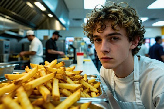 Young man with curly hair works in fast food restaurant near pile of french fries. Other staff prepare food in background. Teenager looks thoughtful, wearing white apron. He thinks about job.