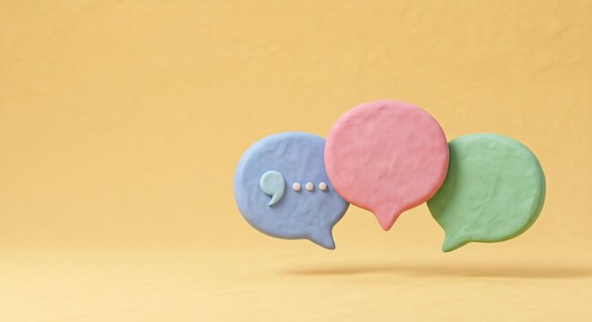 Minimalist 3D claymation style three different colored chat bubbles