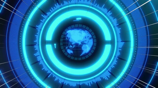 Globe centered within a digital blue interface displays a network of interconnected data streams.