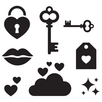 Black silhouette set of love heart music and social media symbols