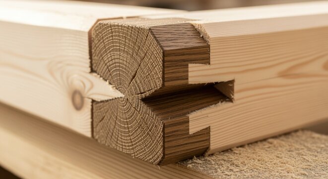 Detailed perspective of a mortise and tenon joint system in heavy timber construction showing wood fibers and joint fit precision.