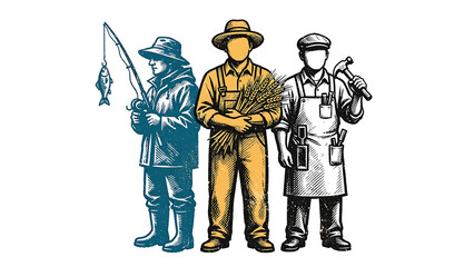 Obraz premium Illustration of diverse workers featuring a fisherman, a farmer, and a carpenter in traditional attire