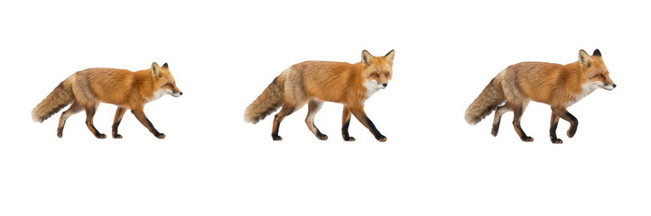 Fototapeta premium Red fox wild animal with bushy tail walking set isolated on transparent background, vulpes carnivore forest predator wildlife vector style PNG graphic design element