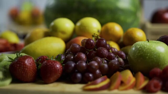 Fresh, moist, delicious fruit on kitchen counter - closeup tracking shot