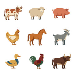 Obraz premium Cute Farm Animals Collection: Cow, Sheep, Pig, Chicken, Horse, Goat, Duck, Rooster, Bull