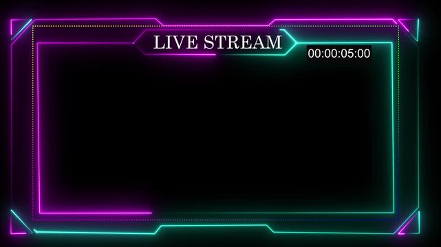Neon live streaming frame animation. Glowing streaming game live Stream overlay motion graphics. media player or streaming service video.