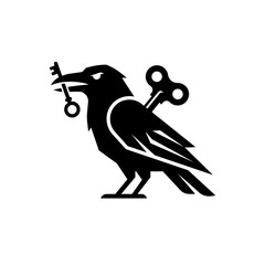 Naklejka premium Raven holding a key with clockwork wind-up mechanism.