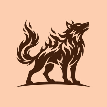 Stylized fire wolf standing with flaming tail graphic.