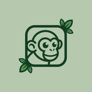Stylized monkey face logo with green leaf accents.