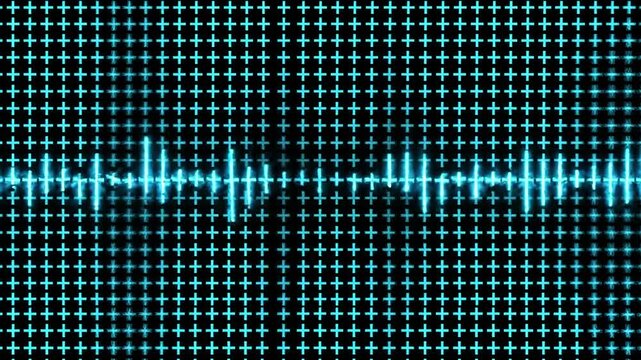 Glowing cyan digital audio waveform equalizer display over blue matrix grid pattern background for music technology visual