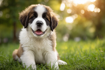 緑の芝生でおすわりするかわいいセントバーナードの子犬