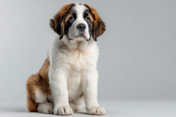 グレー背景でおすわりするかわいいセントバーナードの子犬