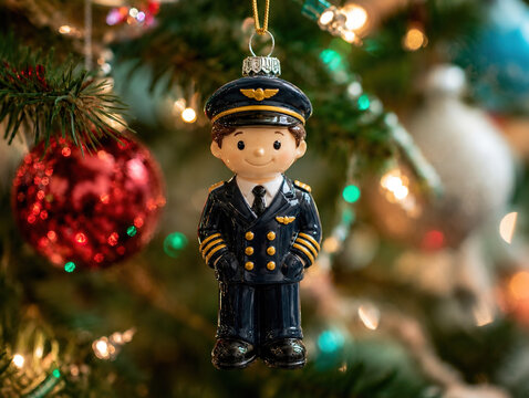Airplane pilot Christmas ornament in captain's uniform hanging on Christmas tree, shiny glass decoration with bokeh lights, aviation concept, travel, holidays and celebration