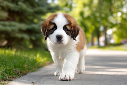 晴れた日に元気よく歩くかわいいセントバーナードの子犬