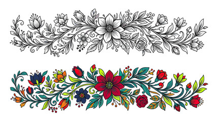 Fototapeta premium Hand-Drawn Floral Border Designs, Line Art and Color