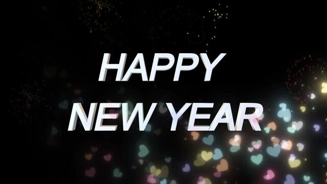 Happy New Year text is displayed against a dark background with colorful floating heart bokeh lights.