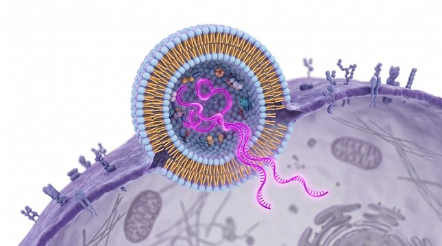 3D Molecular Diagram of Exosome Delivering mRNA to a Target Cell