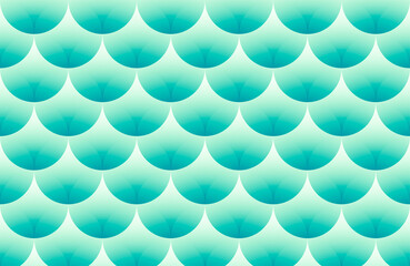 Seamless cyan teal gradient fish scale pattern background with geometric scallop waves. © Jassem