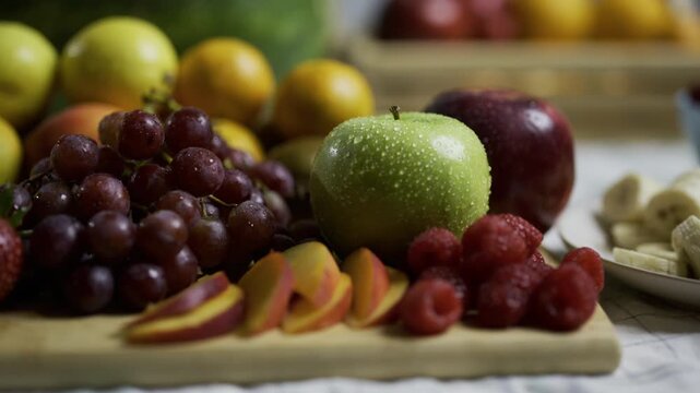 Delicious, colorful sliced fruit across kitchen counter - close, tracking shot