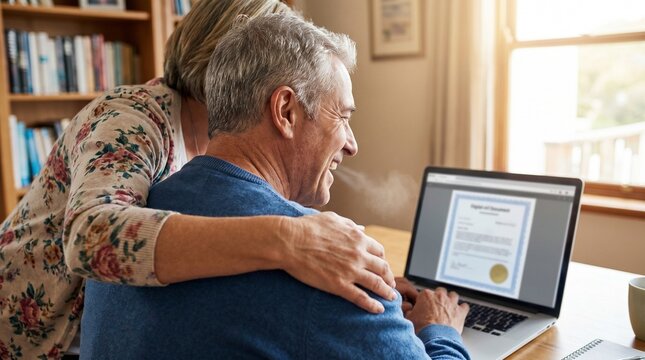 Husband and Wife Celebrating IT Certificate on Computer