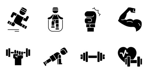 Gym workout icon set collection featuring running, rope skipping, boxing, muscle flex, dumbbell lifting, push up, barbell, heart rate vector illustration © Dhani