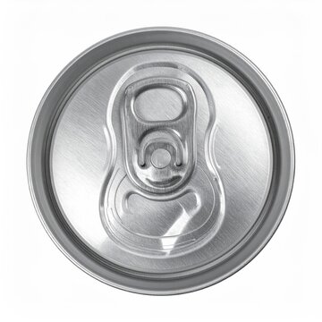 Close-up overhead view of a silver beverage can lid with pull tab