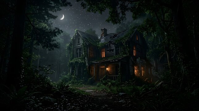 Abandoned wooden house in a dark forest at night with crescent moon