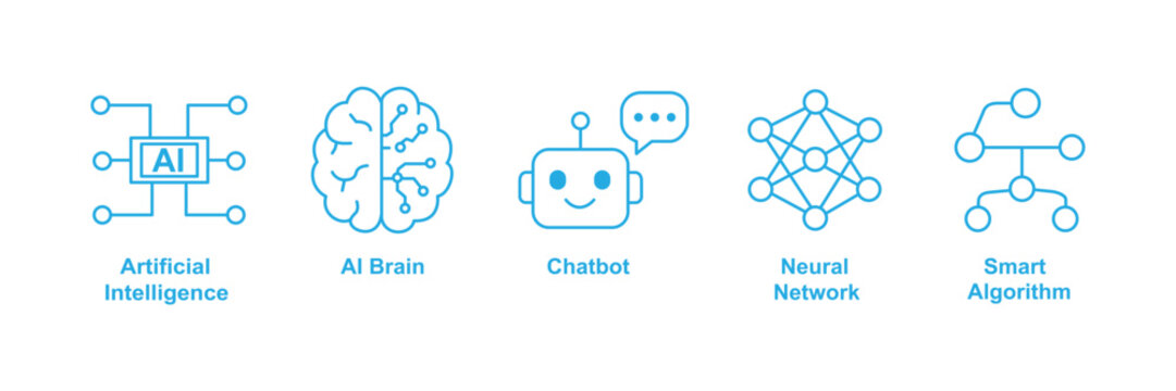 Artificial Intelligence Icons Set Blue Line Style On White Background Representing Technology Concepts brain chatbot network algorithm