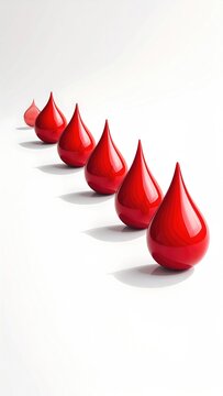 Row of glistening red droplets on a white surface, fading into distance