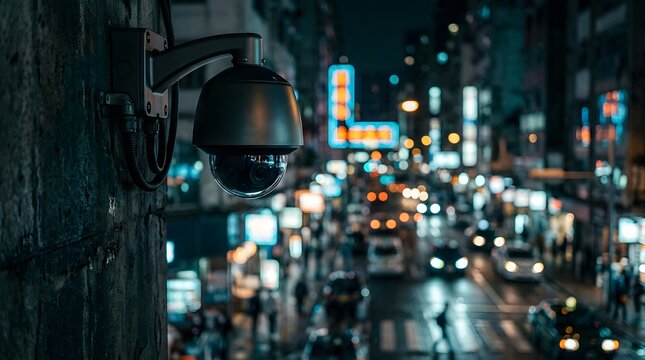 A security surveillance camera mounted on a building overlooking a busy city street at night with bokeh lights