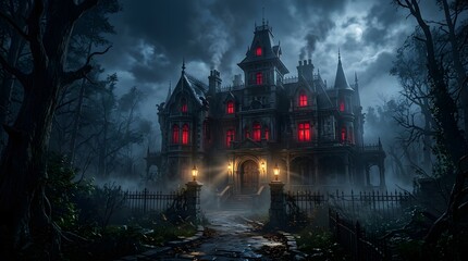 Obraz premium Spooky haunted mansion at night with glowing red windows and dark forest